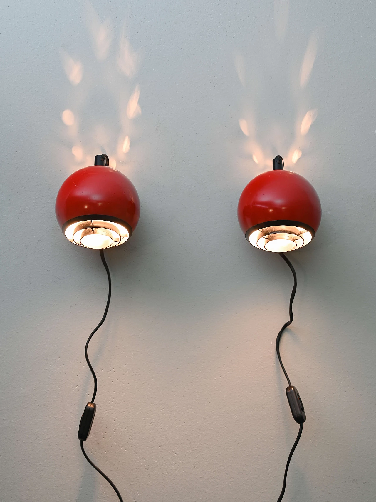 Pair of red metal and plastic wall lights, 1960s 2