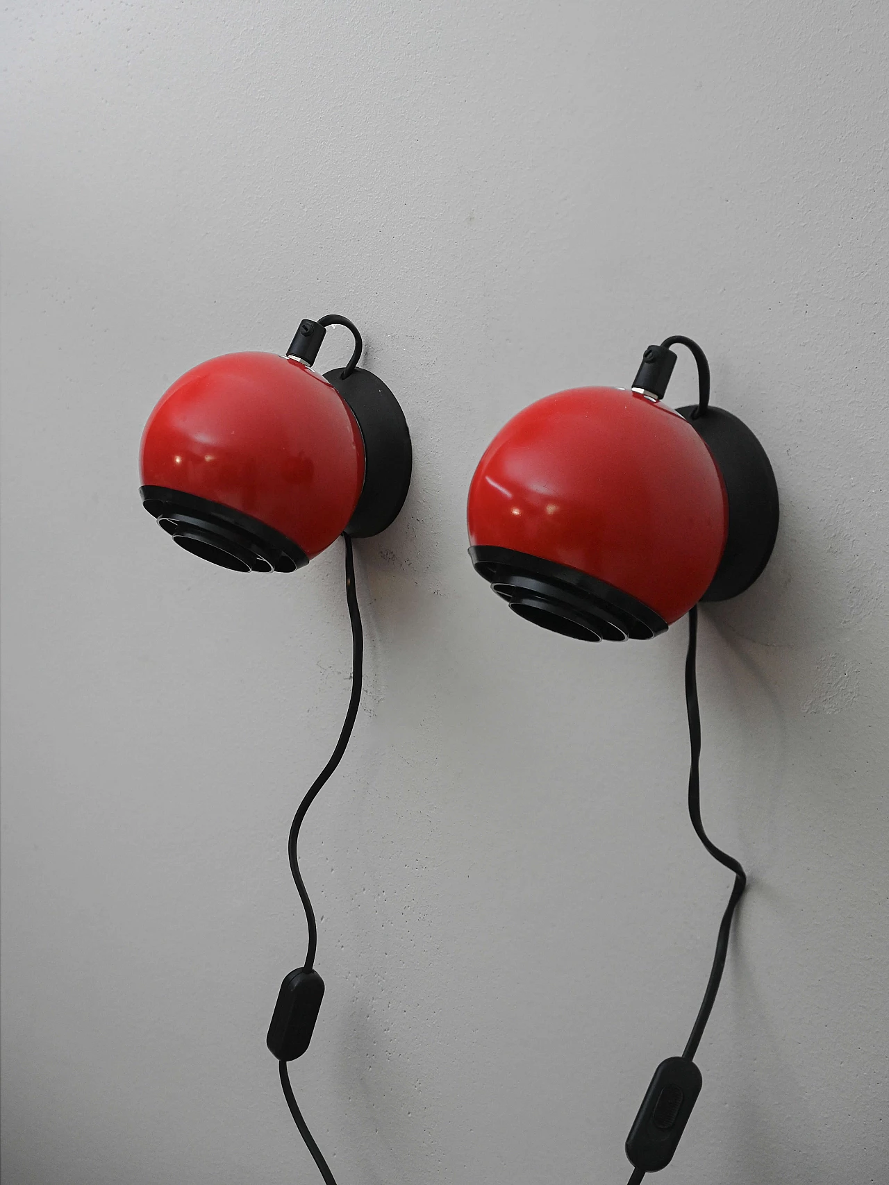 Pair of red metal and plastic wall lights, 1960s 3