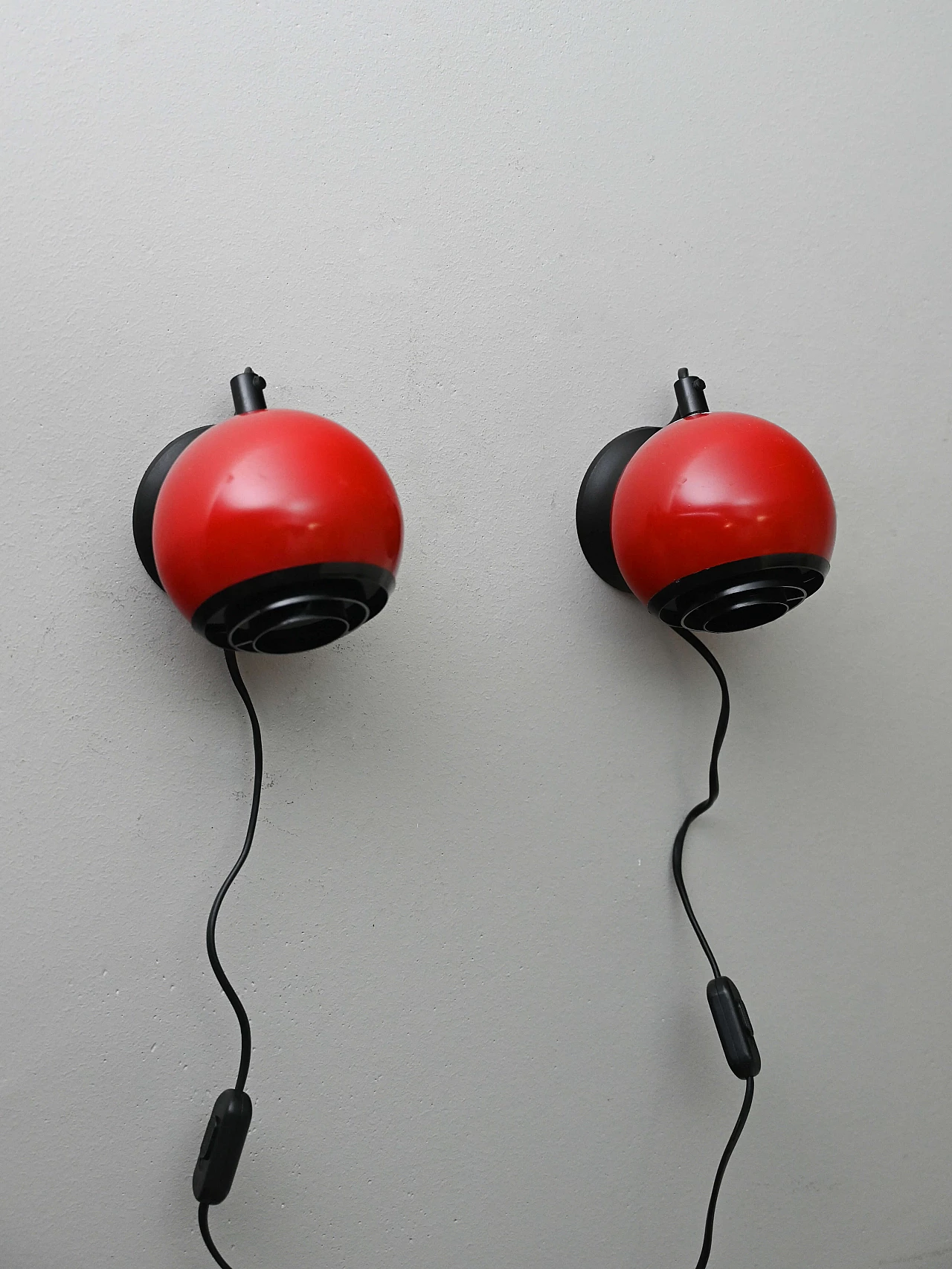 Pair of red metal and plastic wall lights, 1960s 4