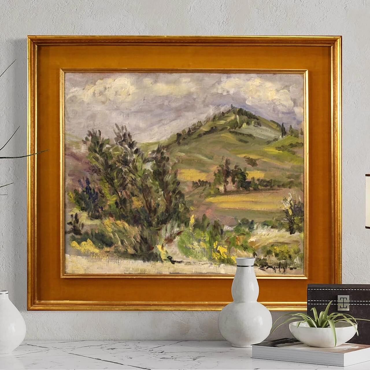 Paesaggio di campagna in stile impressionista, dipinto italiano olio su tela 1312713