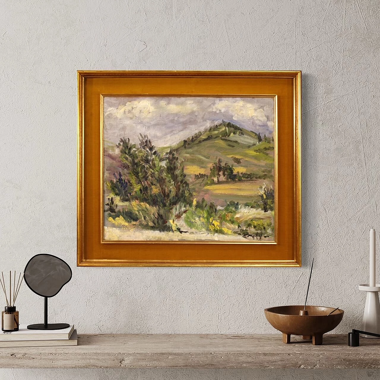Paesaggio di campagna in stile impressionista, dipinto italiano olio su tela 1312714