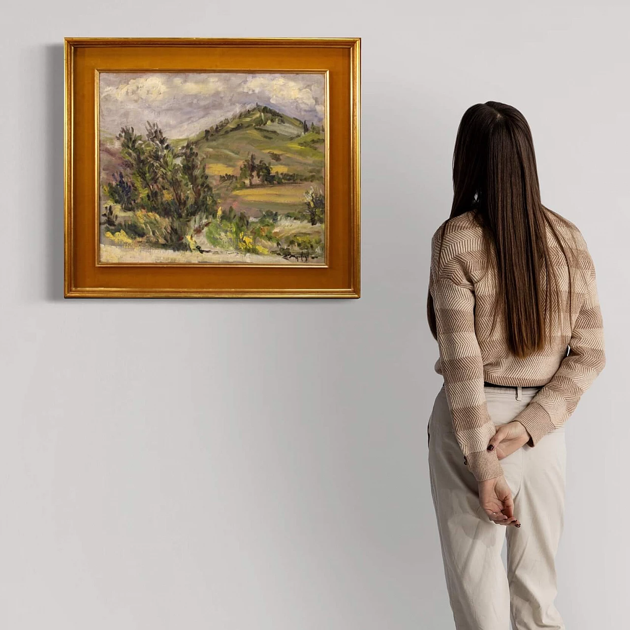 Paesaggio di campagna in stile impressionista, dipinto italiano olio su tela 1312716
