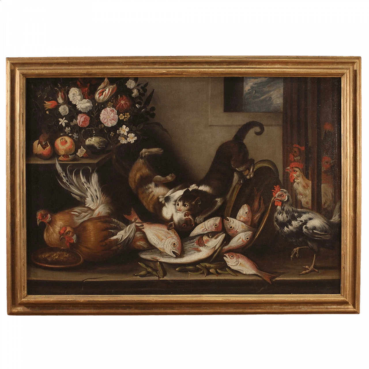 Natura morta con animali, fiori e frutta, dipinto a olio su tela, '600 16