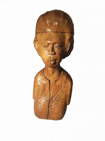 Hand-carved wooden bust sculpture of a woman, 1982