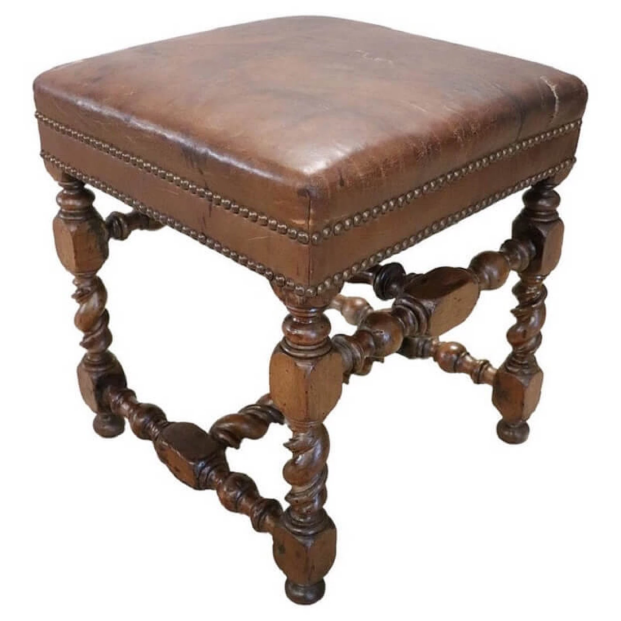 Walnut stool with leather seat, 18th century 1