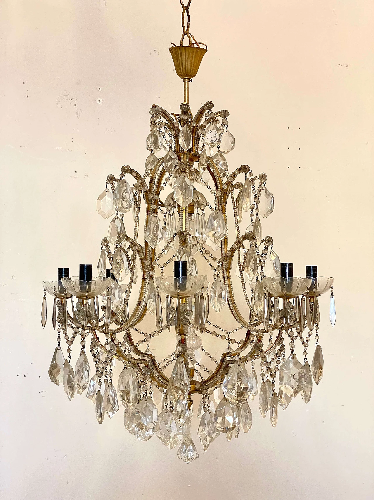 Nine-light gilded iron and glass chandelier, 1960s 2