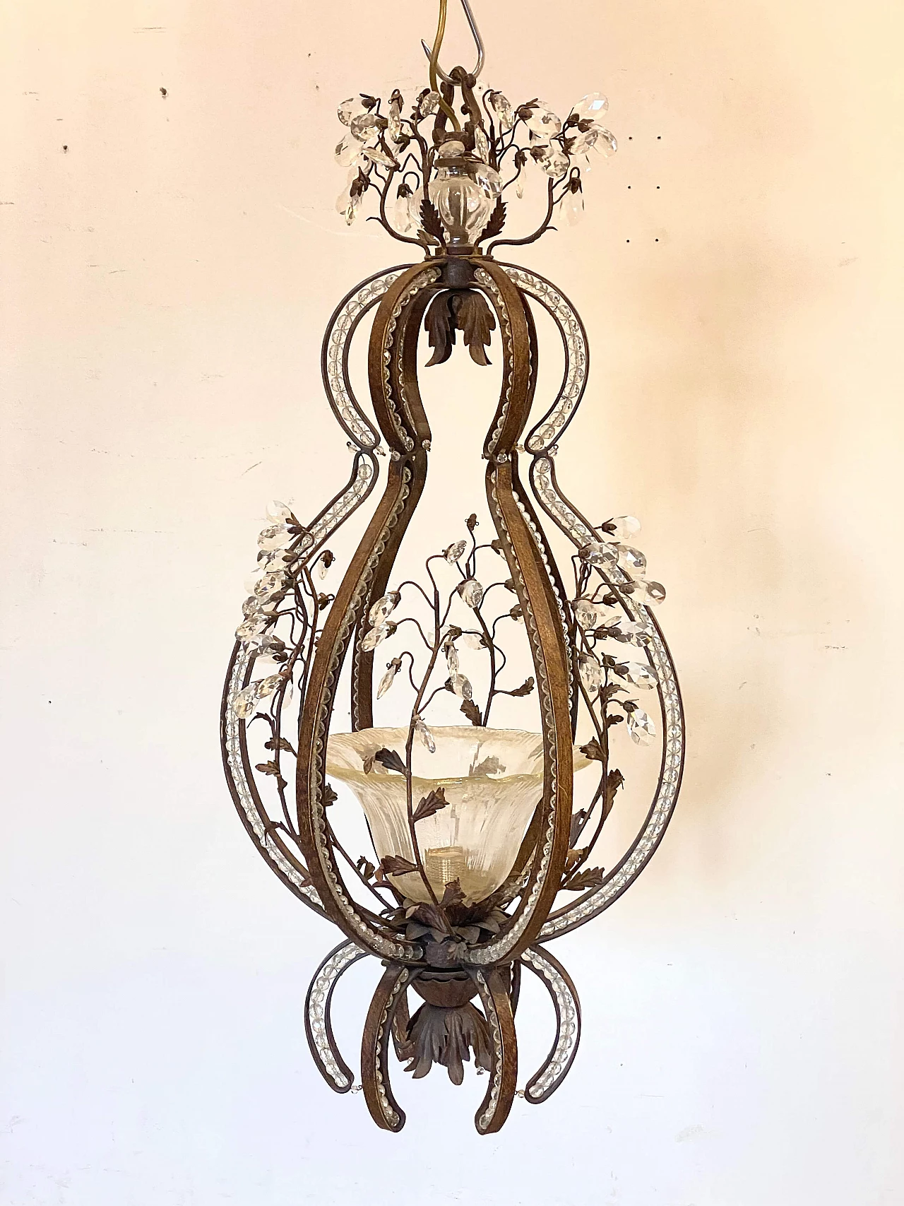 Wrought iron chandelier with plant decoration and glass drops, 1970s 1
