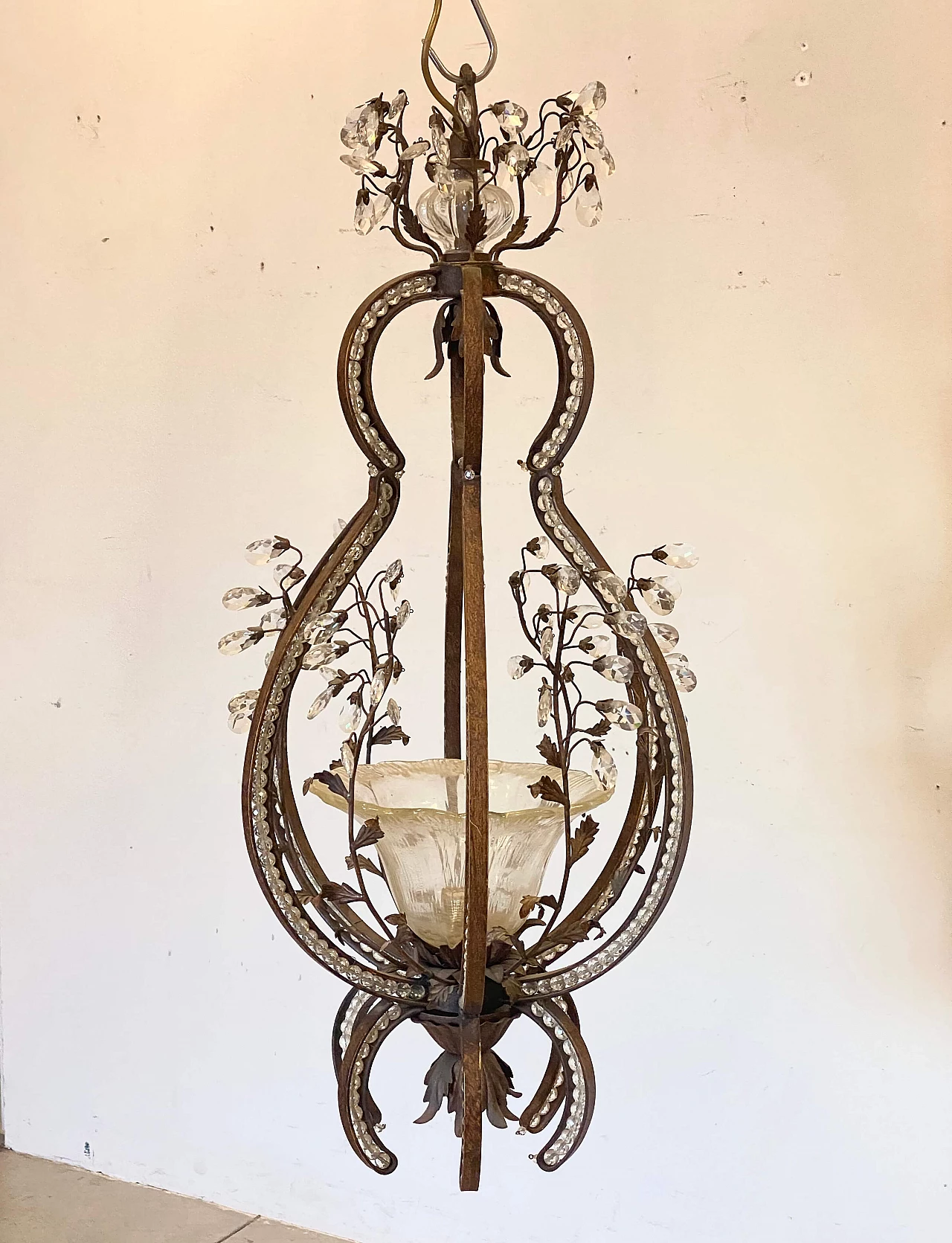 Wrought iron chandelier with plant decoration and glass drops, 1970s 2