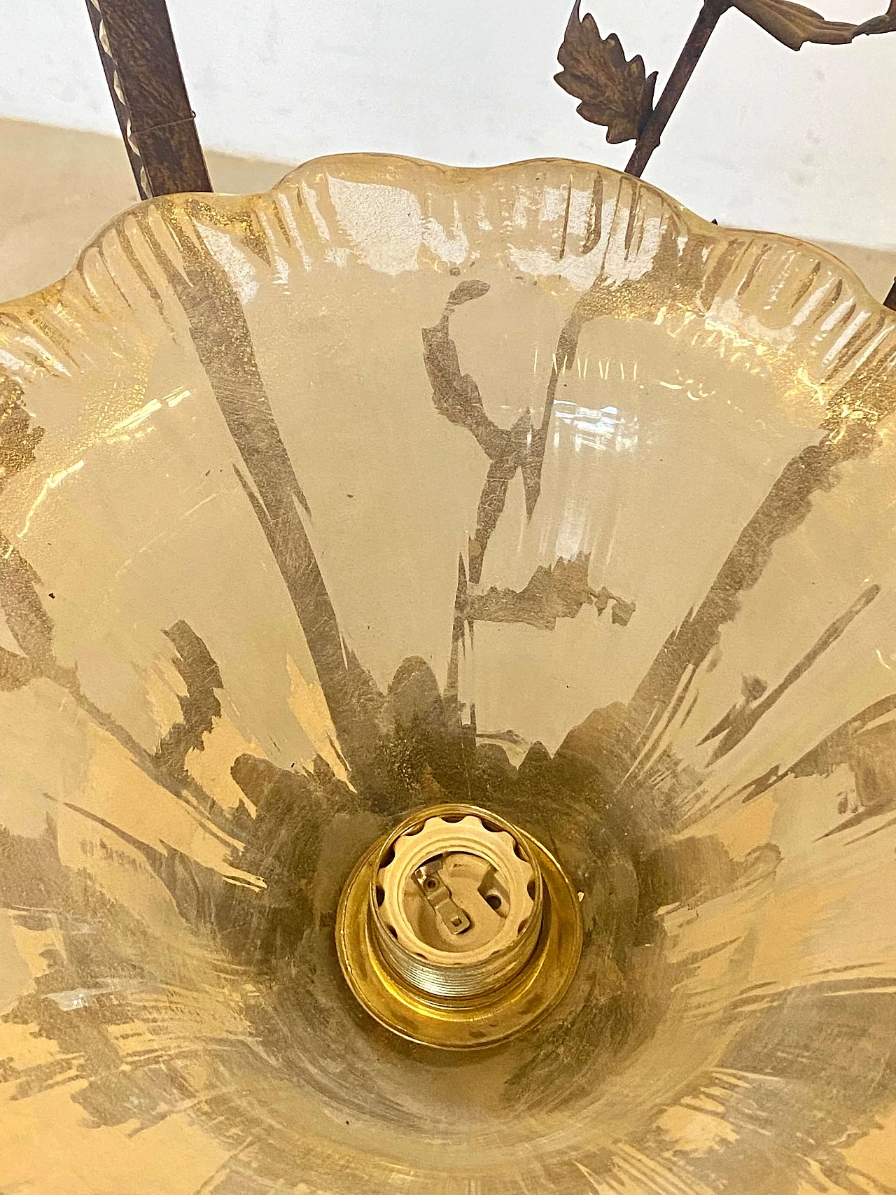 Wrought iron chandelier with plant decoration and glass drops, 1970s 3