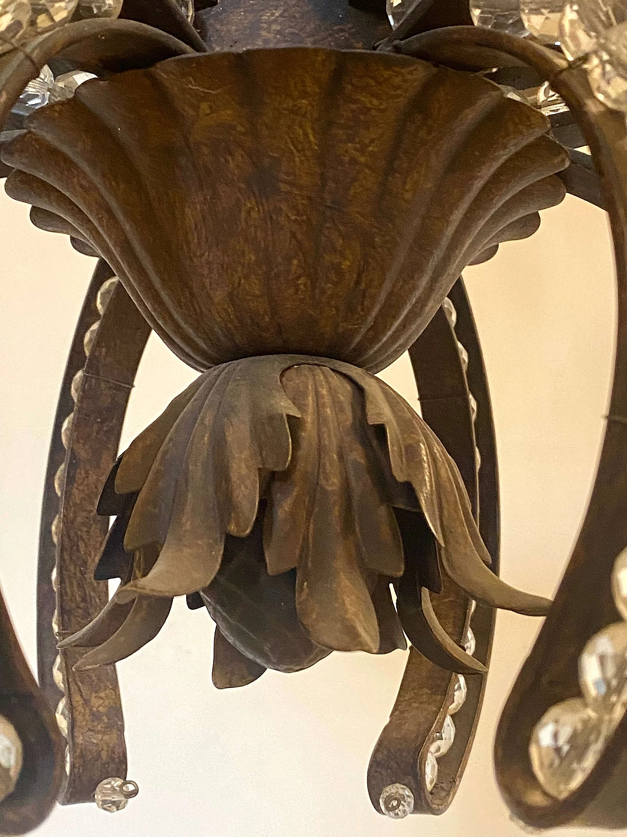Wrought iron chandelier with plant decoration and glass drops, 1970s 4