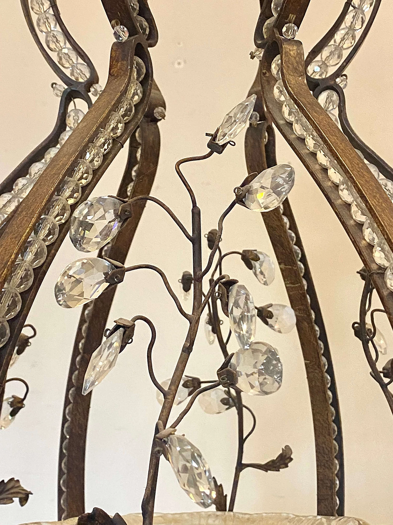 Wrought iron chandelier with plant decoration and glass drops, 1970s 5
