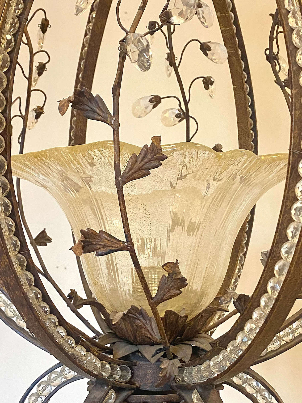 Wrought iron chandelier with plant decoration and glass drops, 1970s 6