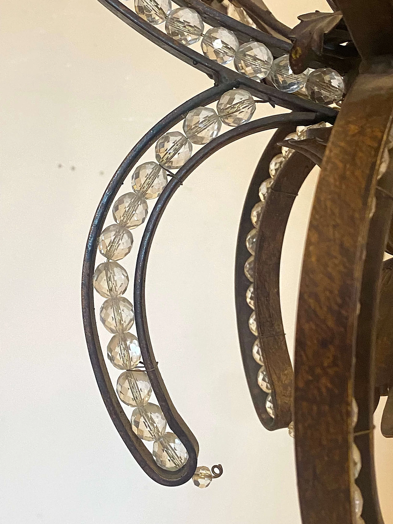 Wrought iron chandelier with plant decoration and glass drops, 1970s 7