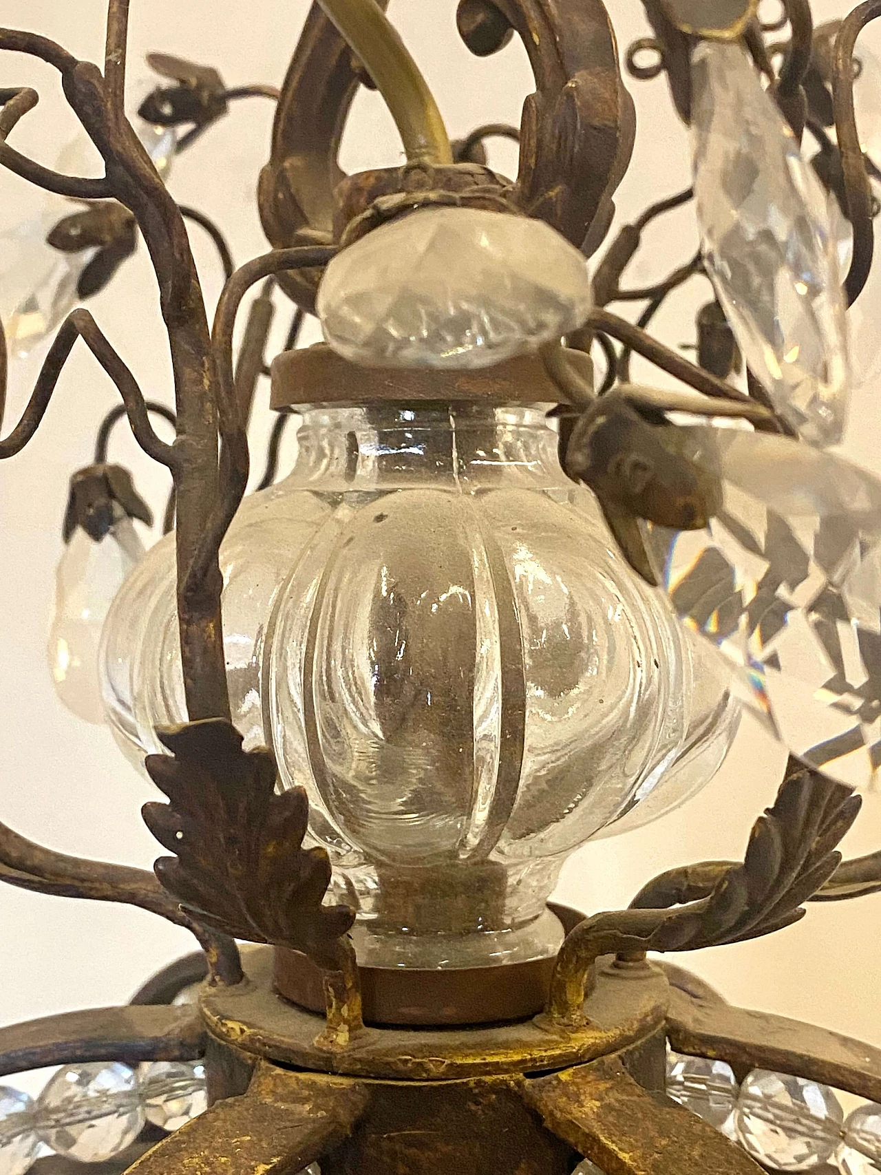 Wrought iron chandelier with plant decoration and glass drops, 1970s 8