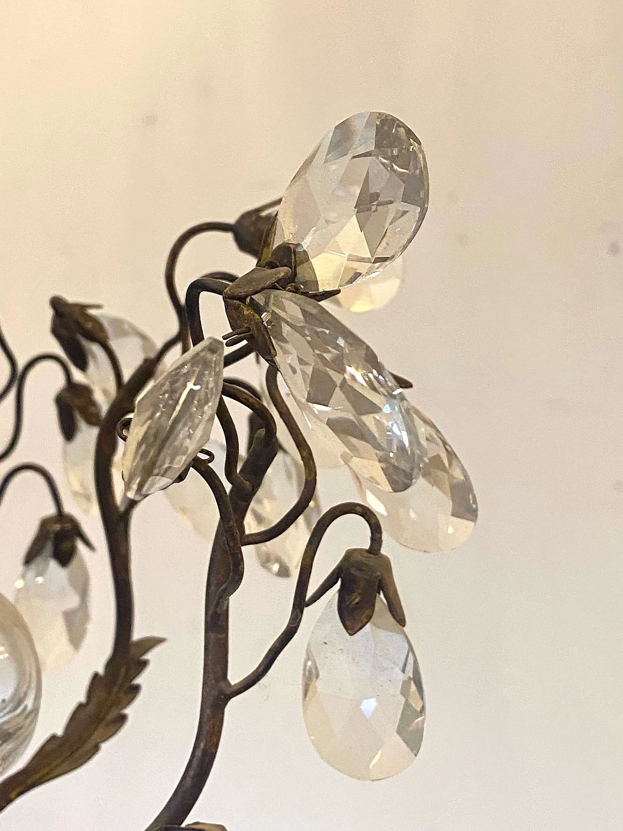 Wrought iron chandelier with plant decoration and glass drops, 1970s 9