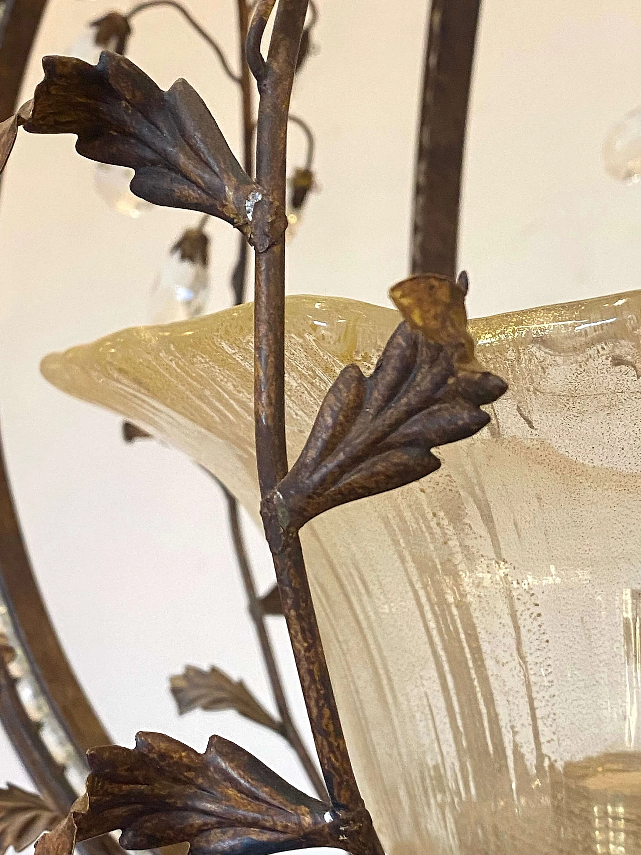 Wrought iron chandelier with plant decoration and glass drops, 1970s 10