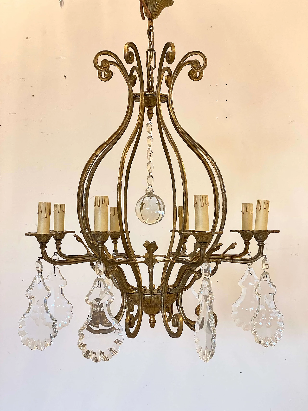 Lampadario in bronzo con gocce di cristallo molato, anni '40 1