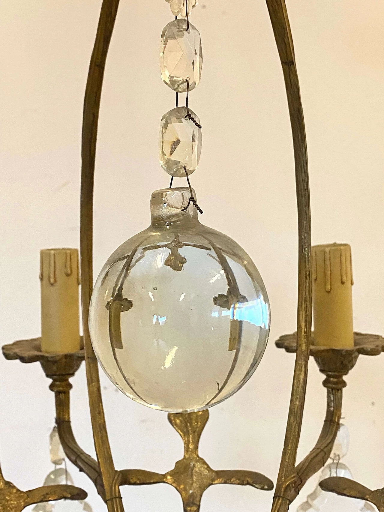 Lampadario in bronzo con gocce di cristallo molato, anni '40 2