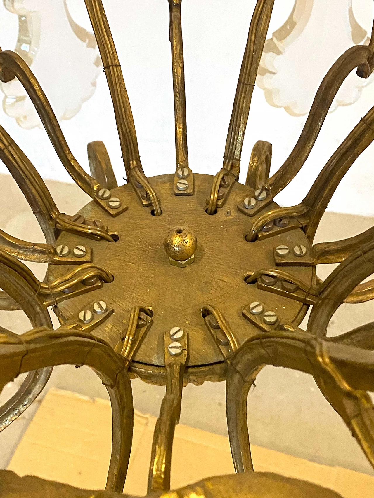 Lampadario in bronzo con gocce di cristallo molato, anni '40 6