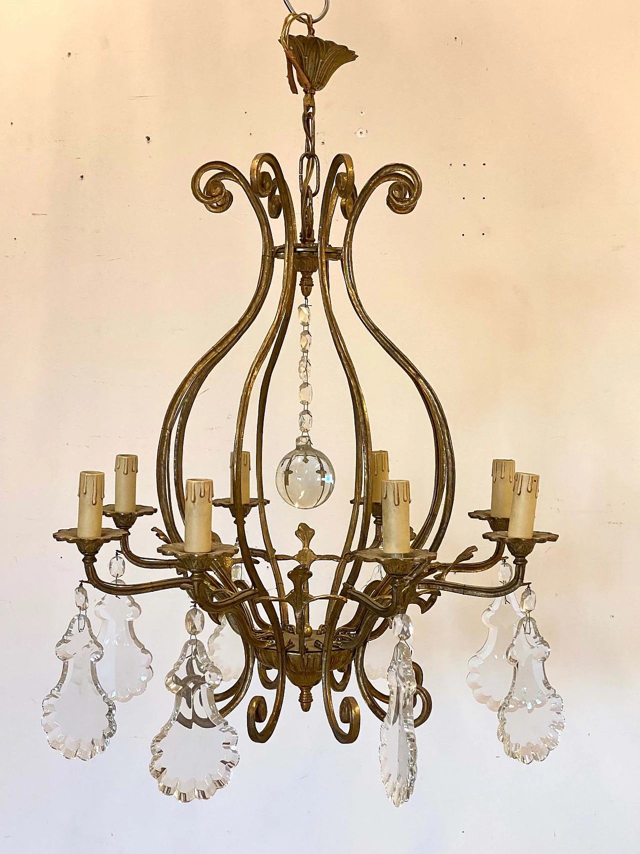 Lampadario in bronzo con gocce di cristallo molato, anni '40 7