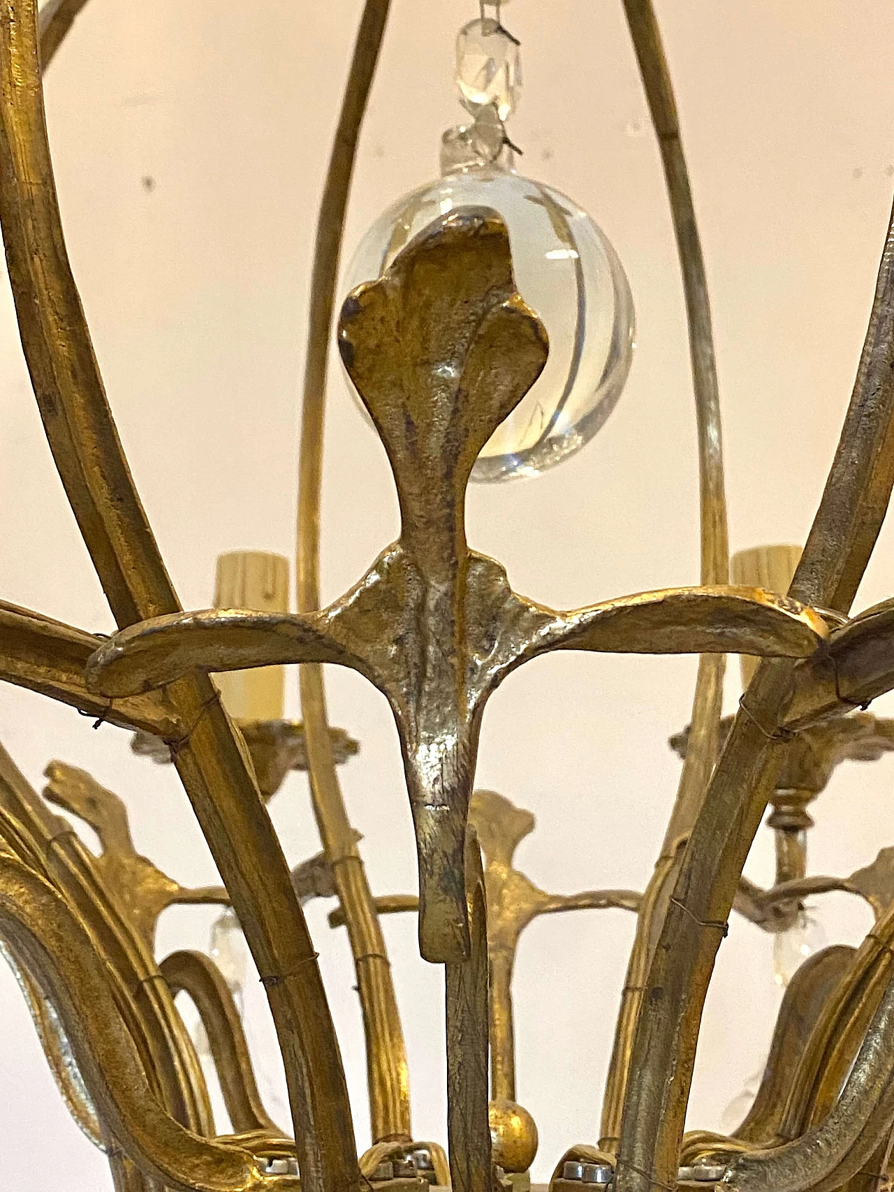 Lampadario in bronzo con gocce di cristallo molato, anni '40 9