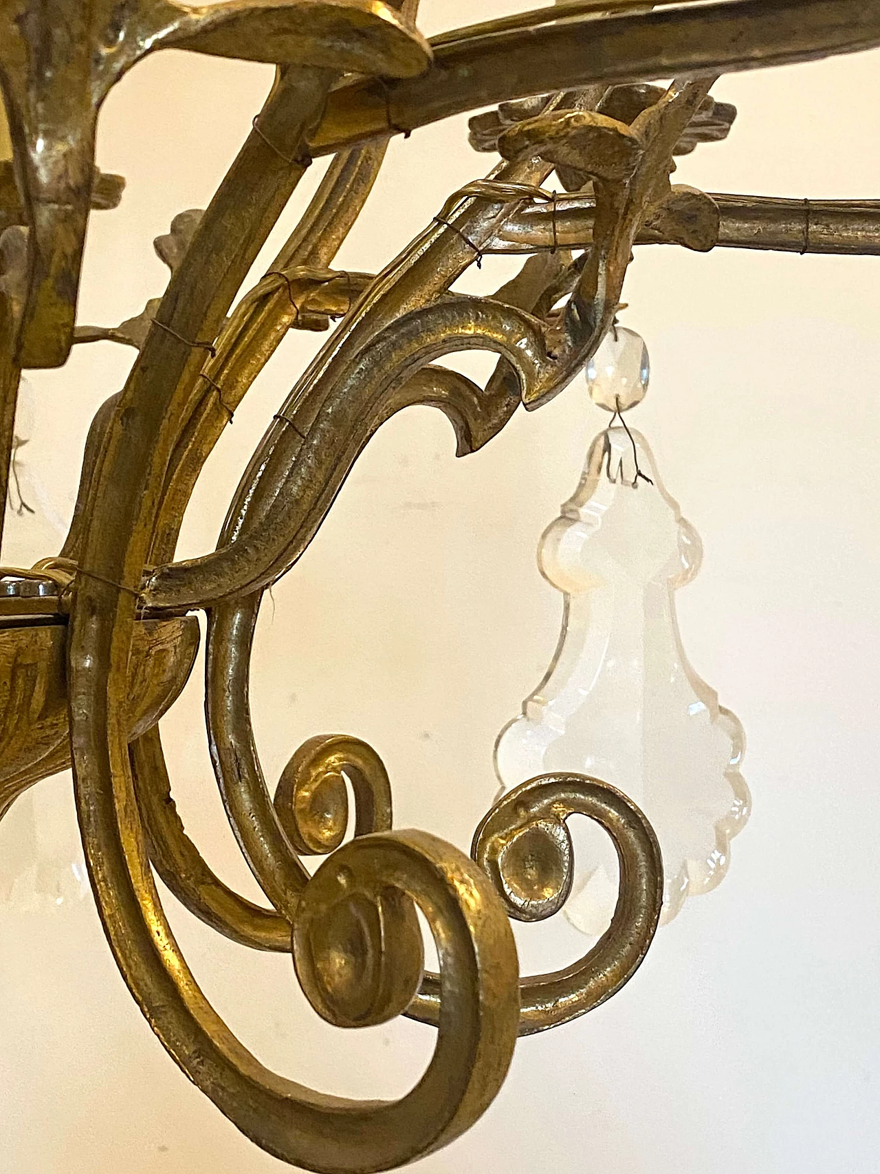 Lampadario in bronzo con gocce di cristallo molato, anni '40 12