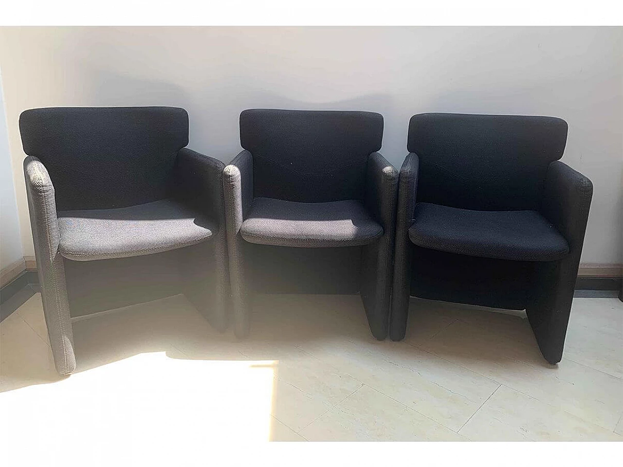 3 Black fabric armchairs with casters by Tecno, 1980s 2