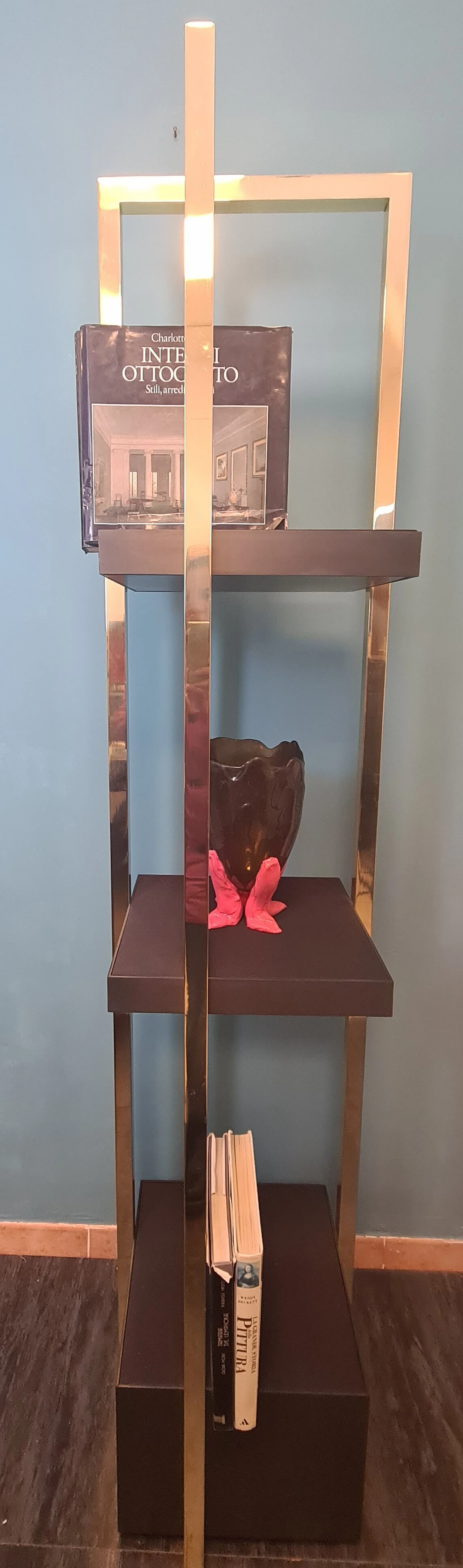 Brass shelving unit with wooden base and satin-lined shelves, 1980s 13