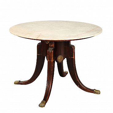 Antique style round walnut table with marble top, early 20th century Italy