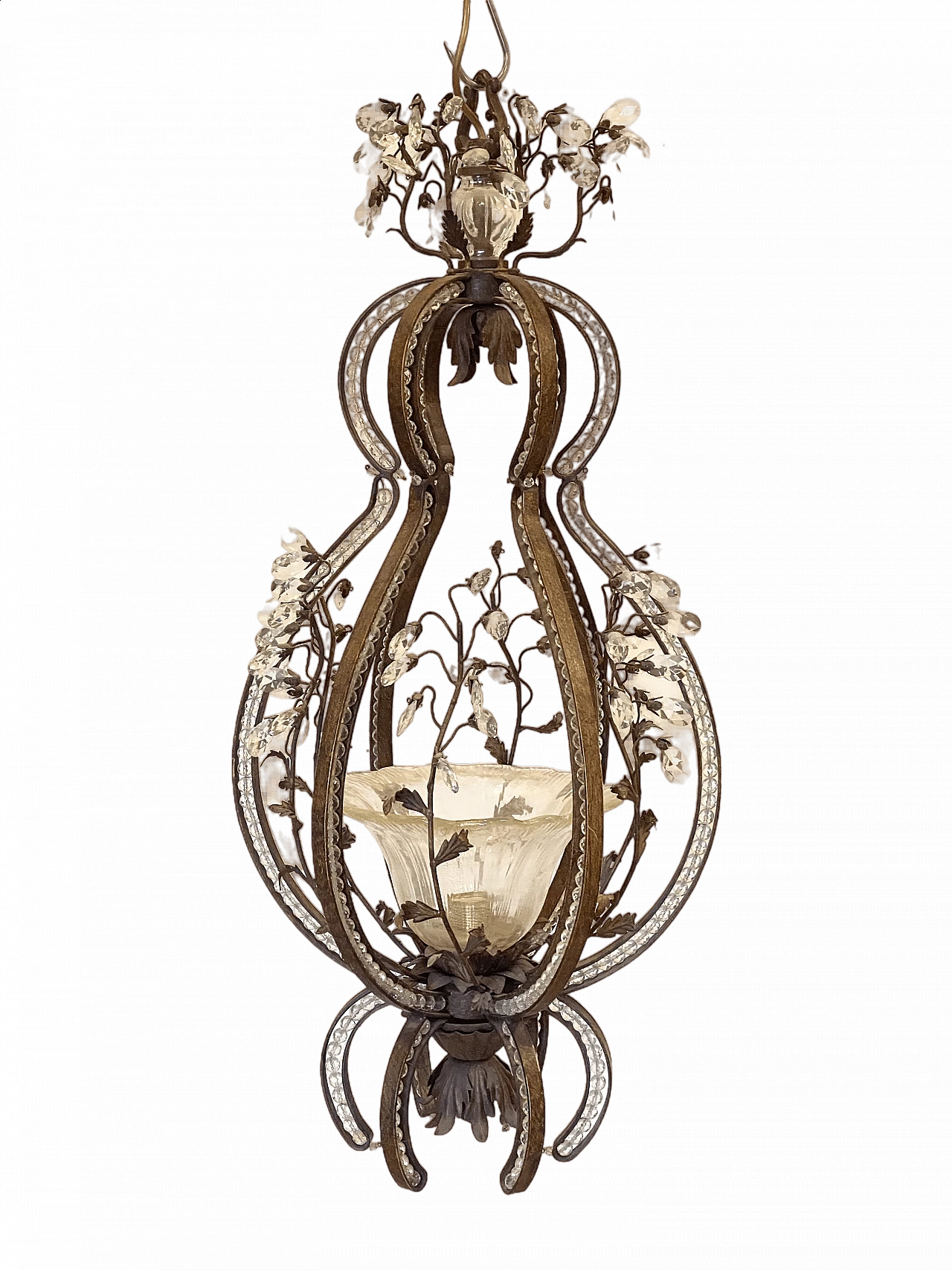 Wrought iron chandelier with plant decoration and glass drops, 1970s 11