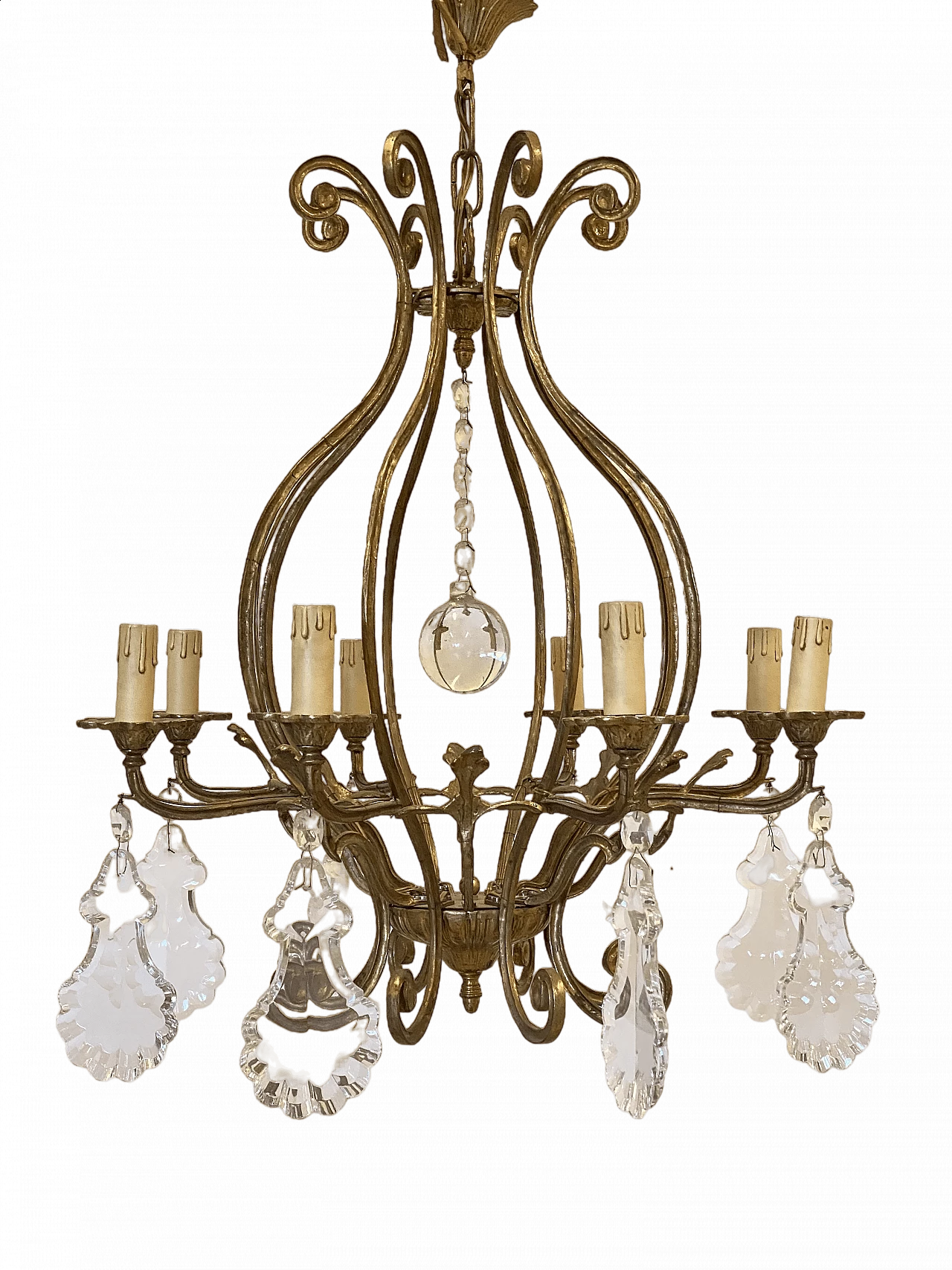 Lampadario in bronzo con gocce di cristallo molato, anni '40 14