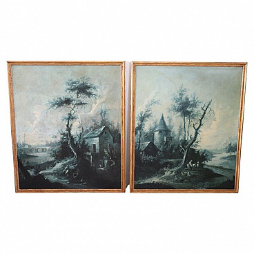 Coppia di dipinti raffiguranti paesaggi monocromatici, olio su tela, metà '700
