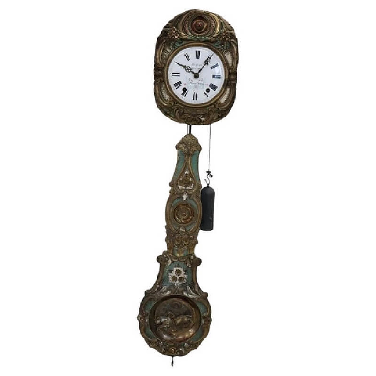 Orologio a pendolo da parete in bronzo sbalzato e dipinto, '800 1
