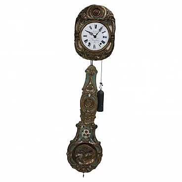 Wall pendulum clock in embossed and painted bronze, 19th century