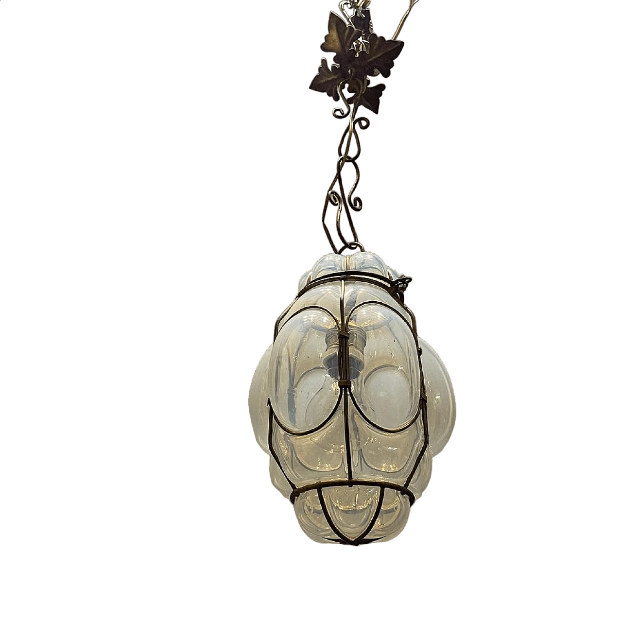 Lampadario in ferro battuto e vetro di Murano soffiato, anni '50 6