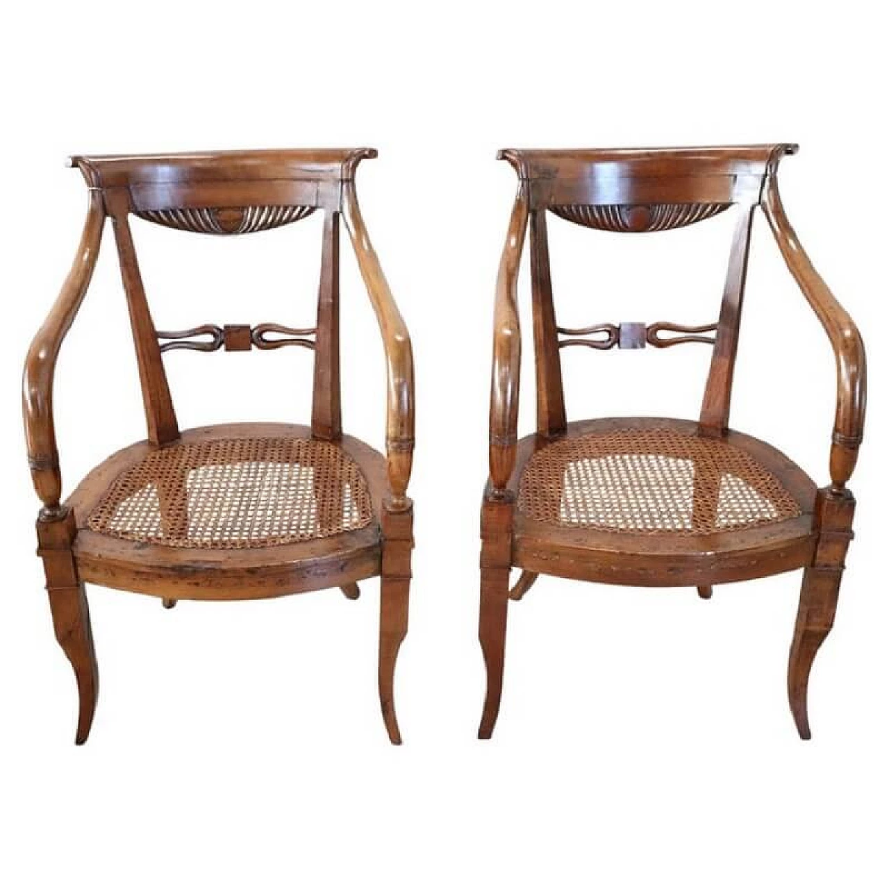 Pair of Direttorio armchairs in walnut and Vienna straw, late 18th century 1