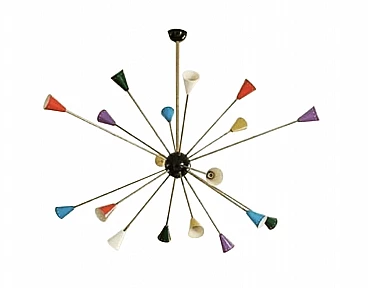Lampadario Sputnik colorato in ottone Stile Stilnovo, fine '900