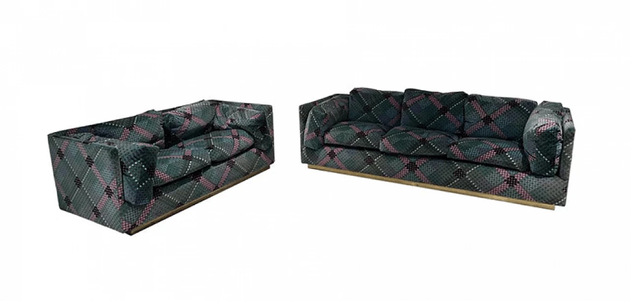 Pair of geometric velvet and brass sofas by Ken Scott, 1970s 1