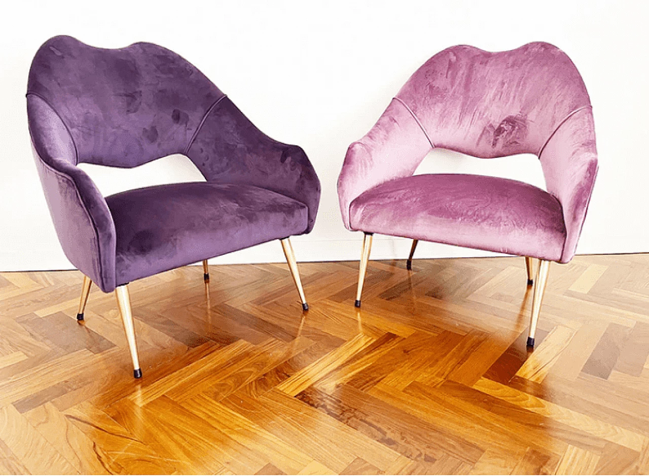 Pair of mauve and purple velvet armchairs Mr & Mrs, 1960s 1