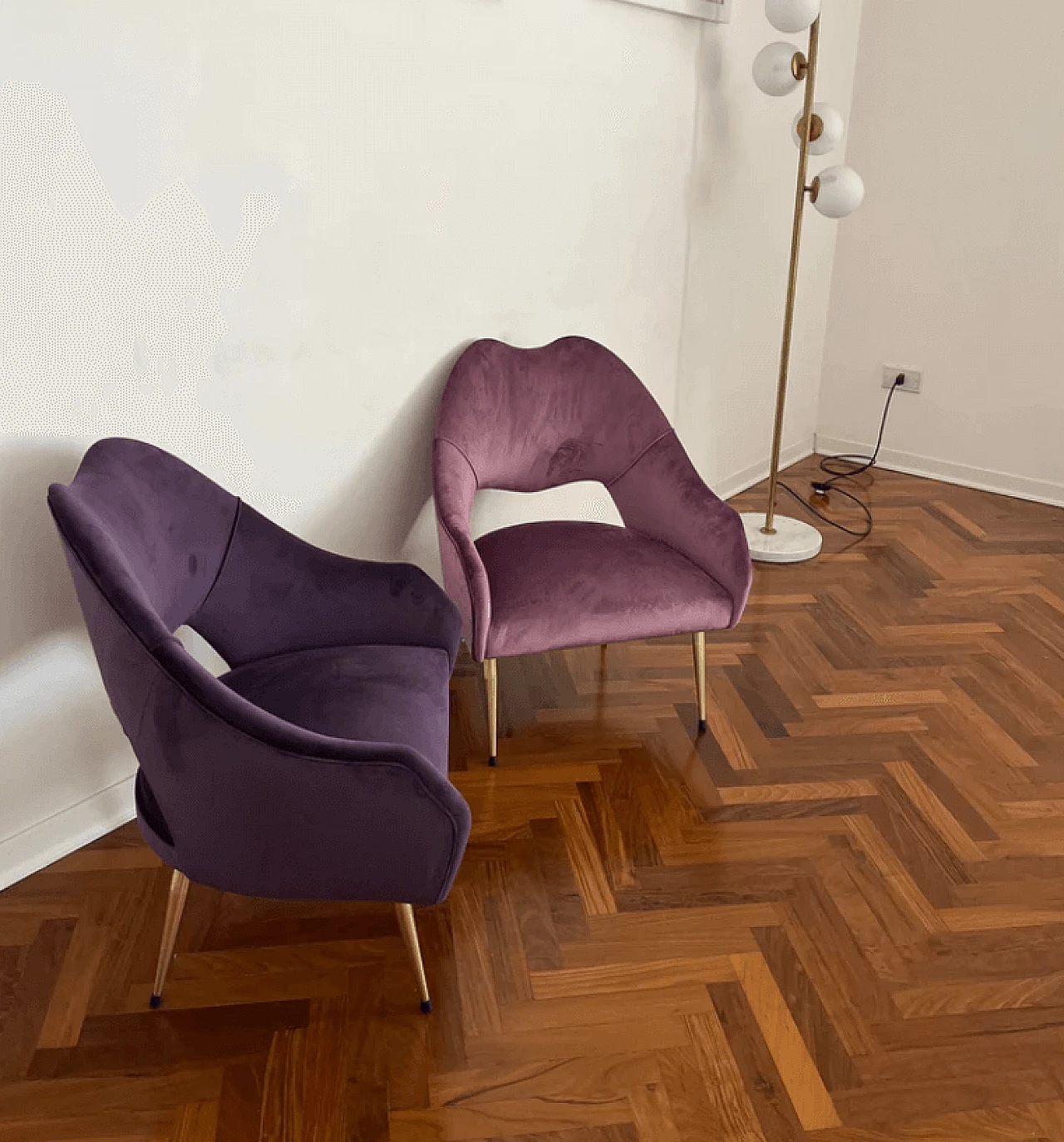 Pair of mauve and purple velvet armchairs Mr & Mrs, 1960s 11