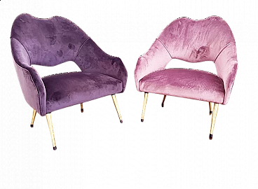 Pair of mauve and purple velvet armchairs Mr & Mrs, 1960s