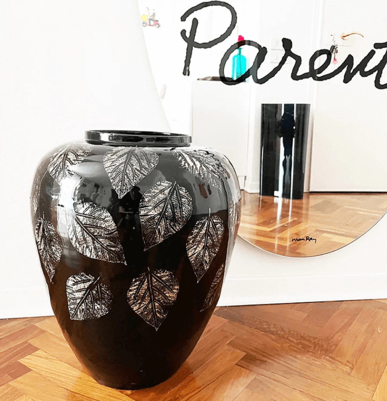 Black lacquered bamboo vase with gold decoration, 1960s 1
