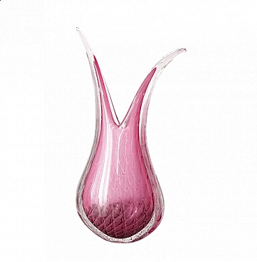 Pink Murano glass two-pronged vase, 1950s