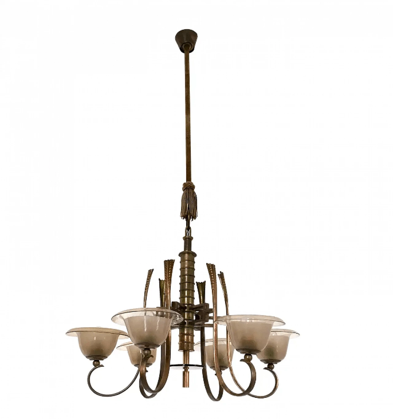 Six-armed brass and blown glass chandelier attributable to Paolo Buffa, 1930s 1