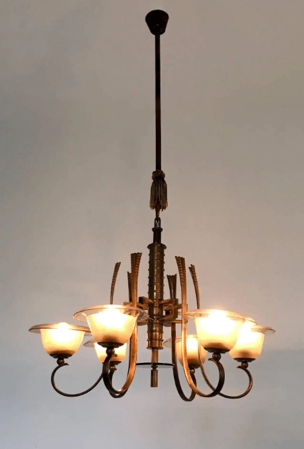 Six-armed brass and blown glass chandelier attributable to Paolo Buffa, 1930s 2