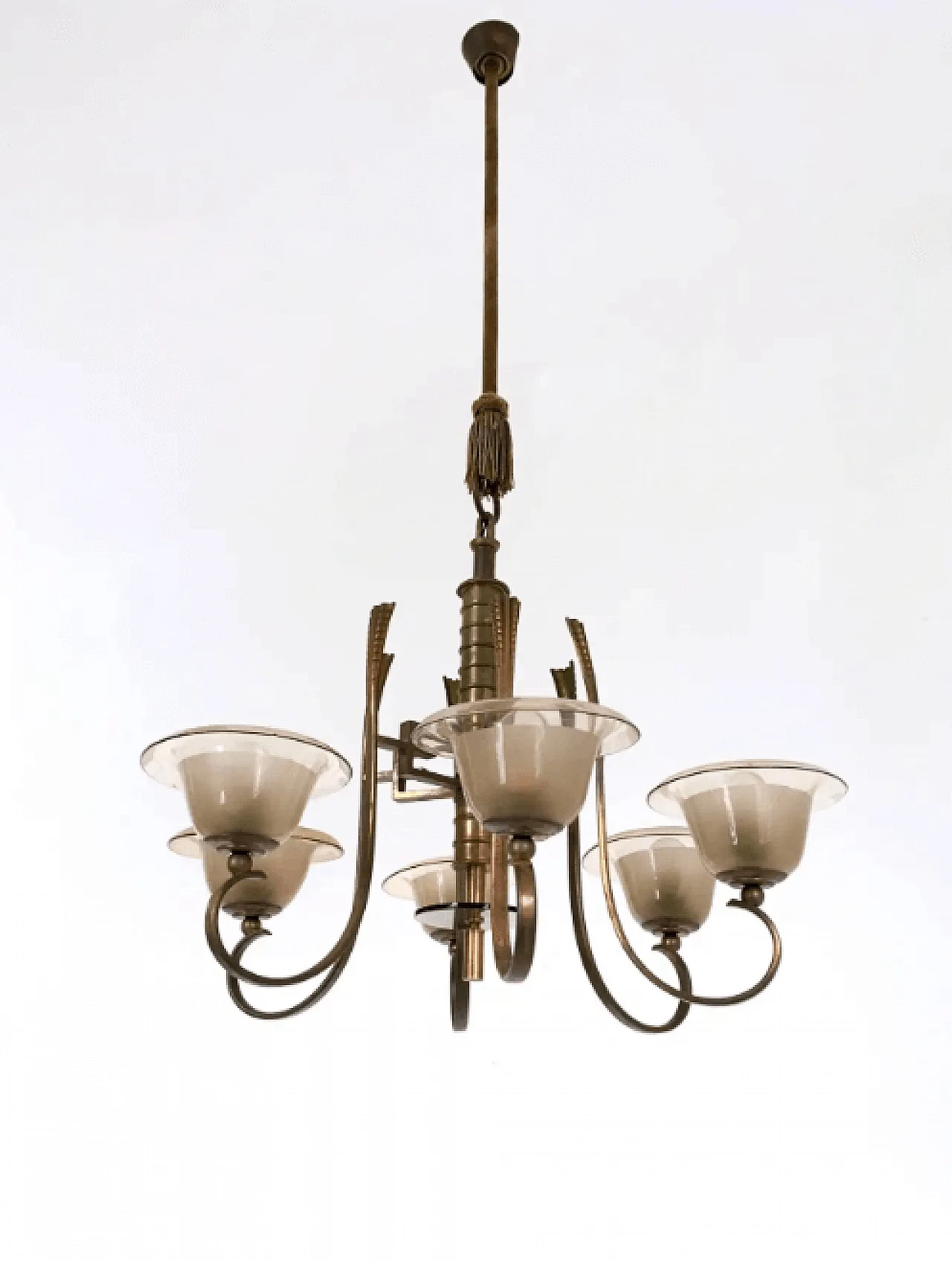 Six-armed brass and blown glass chandelier attributable to Paolo Buffa, 1930s 3