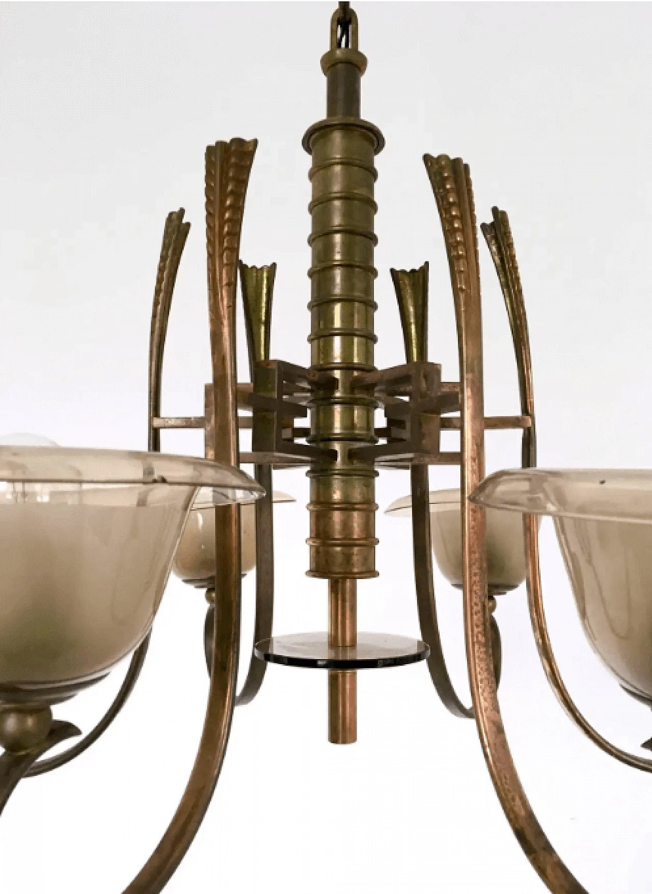 Six-armed brass and blown glass chandelier attributable to Paolo Buffa, 1930s 7