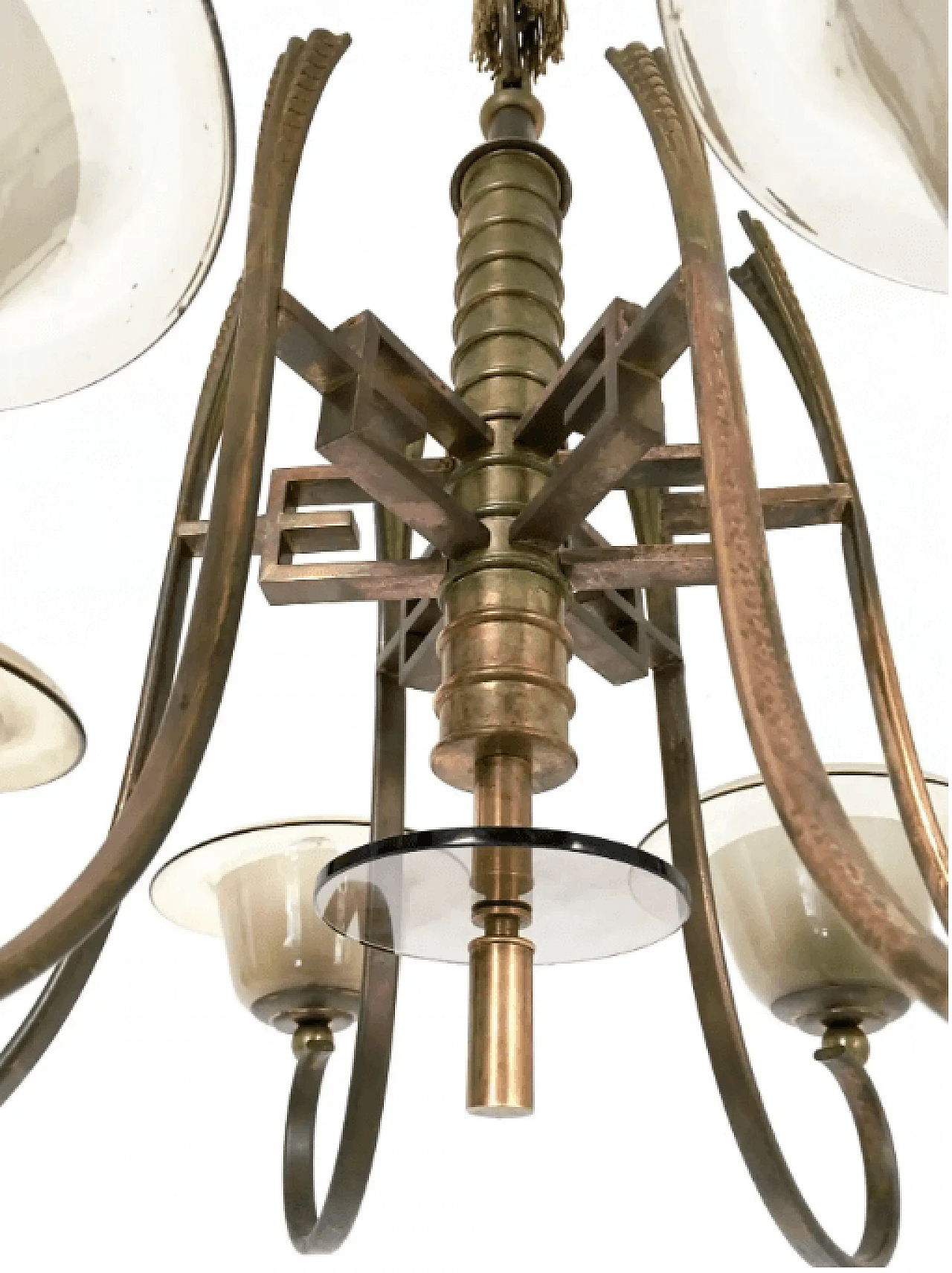 Six-armed brass and blown glass chandelier attributable to Paolo Buffa, 1930s 8