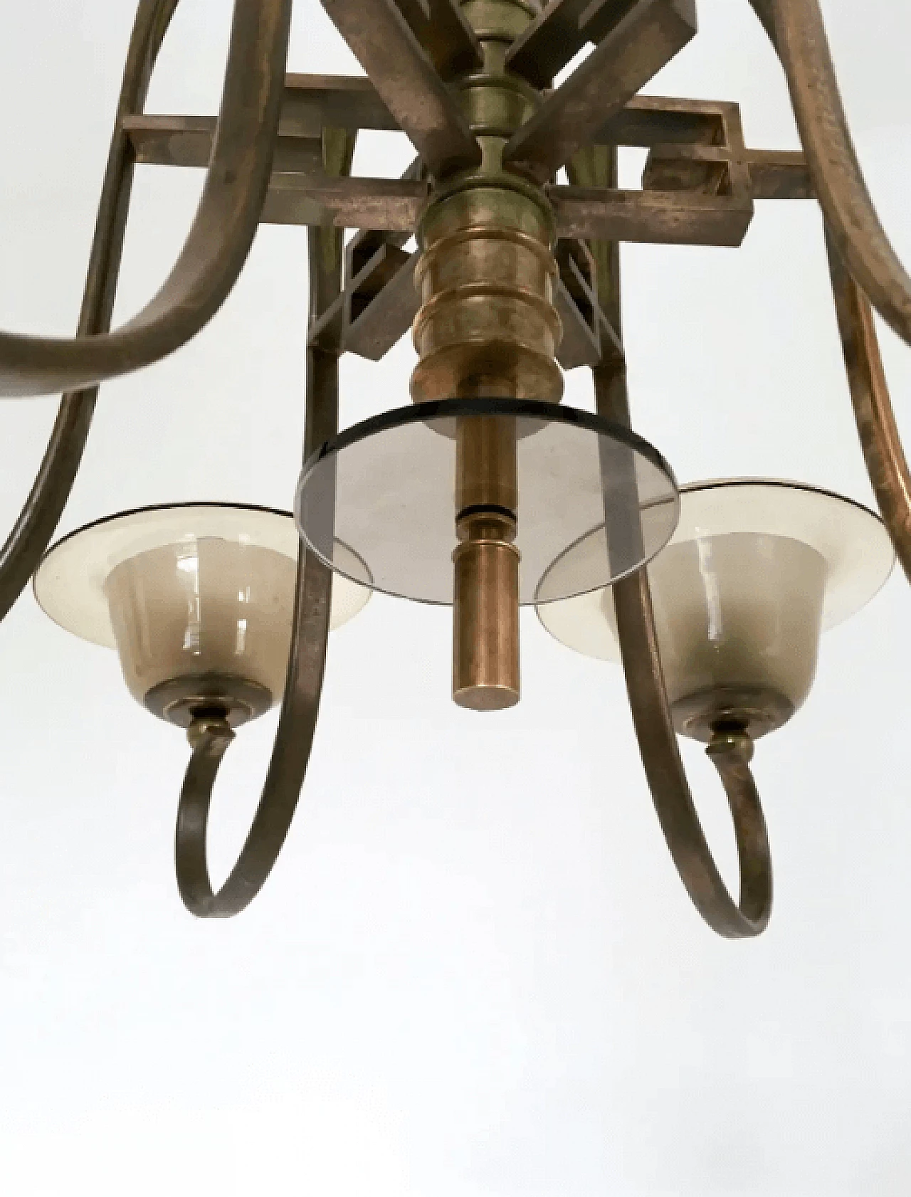 Six-armed brass and blown glass chandelier attributable to Paolo Buffa, 1930s 9
