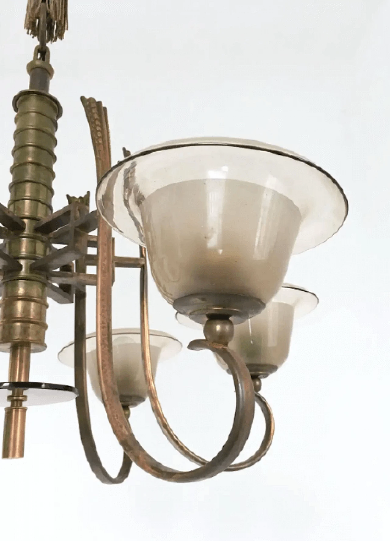 Six-armed brass and blown glass chandelier attributable to Paolo Buffa, 1930s 10